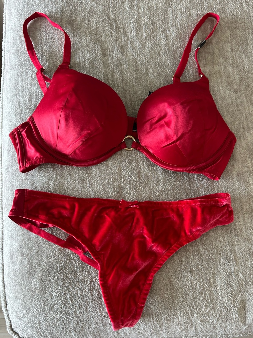 Victoria's Secret Red Satin Push-Up Bra & Thong Set